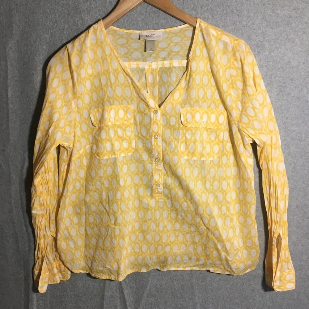 Womens Loft Button Up Blouse Yellow Design Work Office Career Wear Thin Casual